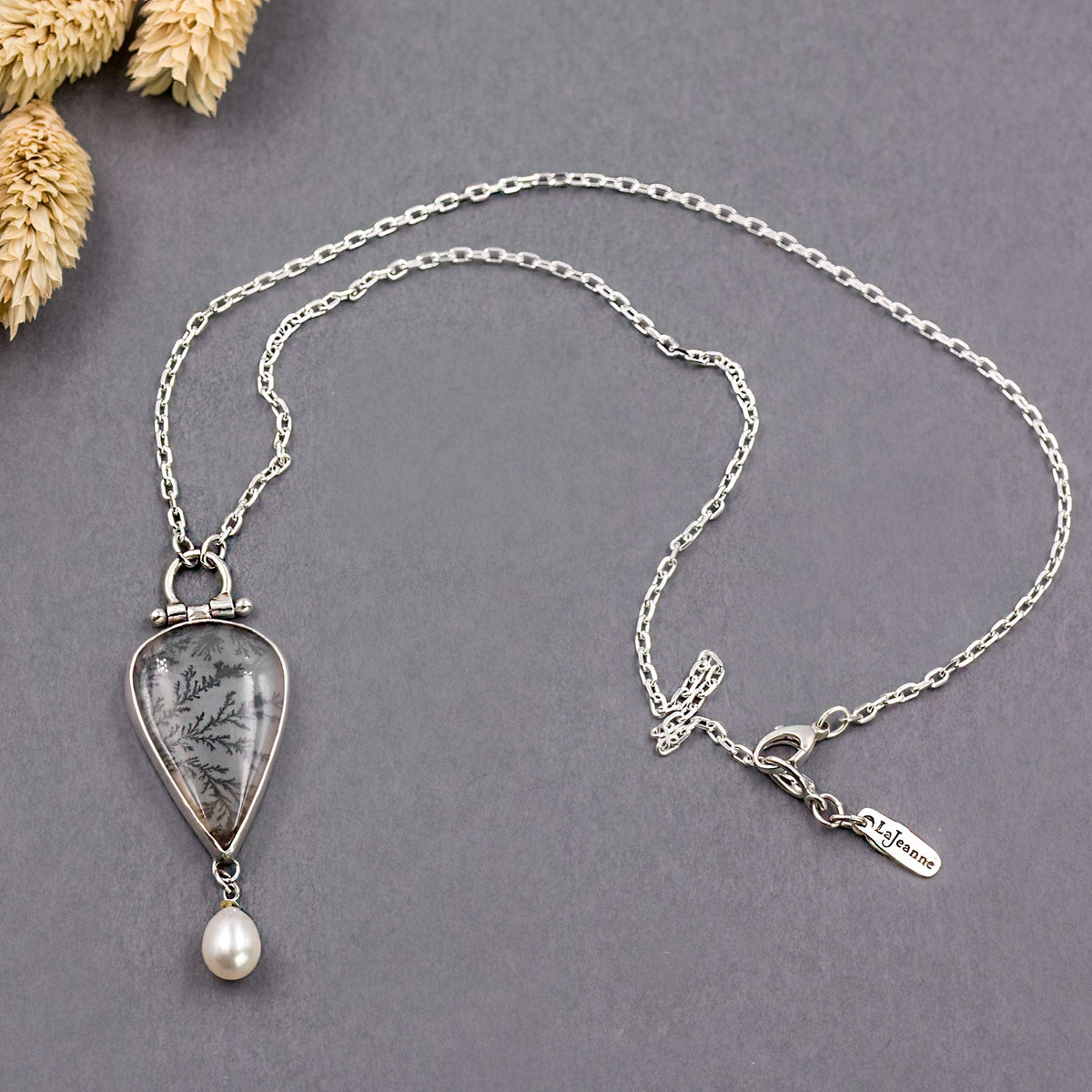 Dendritic Agate & Freshwater Pearl Sterling Silver Necklace