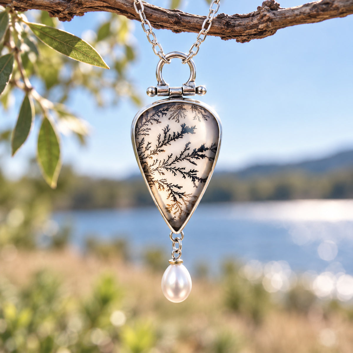Sterling silver necklace with teardrop dendritic agate pendant and freshwater pearl drop