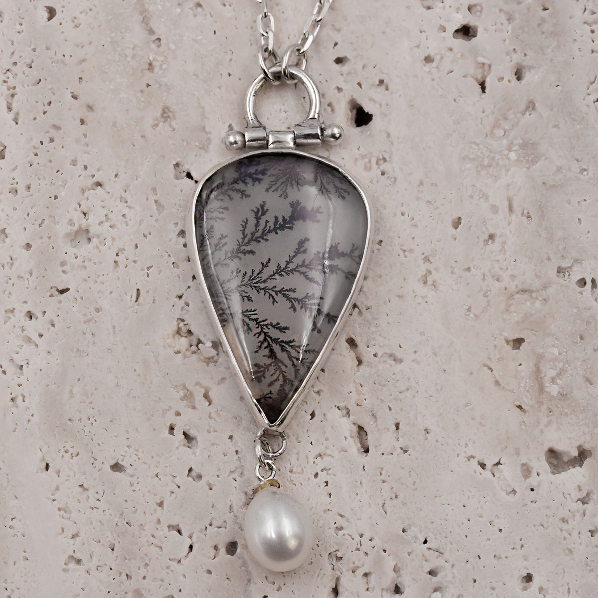 Dendritic Agate & Freshwater Pearl Sterling Silver Necklace