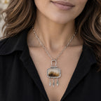 Dendritic agate pendant necklace on model, silver chain with feather drop charms