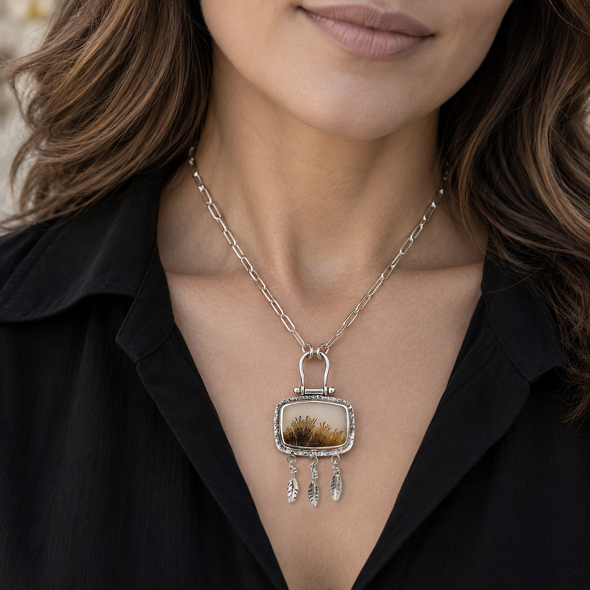 Dendritic agate pendant necklace on model, silver chain with feather drop charms