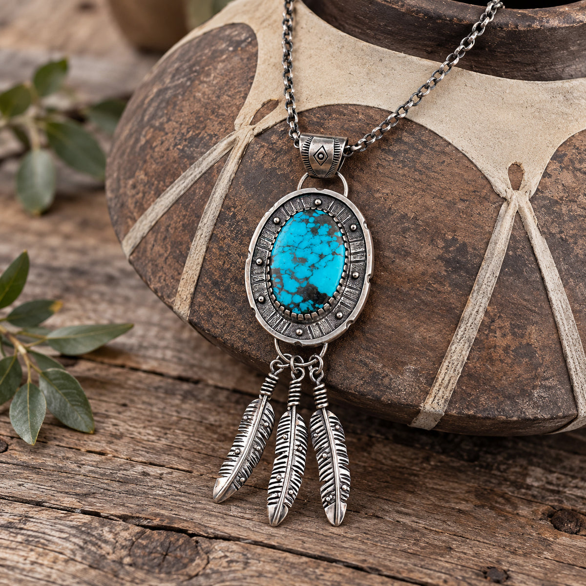Turquoise oval pendant necklace in sterling silver with dangling feather charms