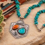 Turquoise beaded necklace with silver spiny oyster pendant and orange/turquoise stones