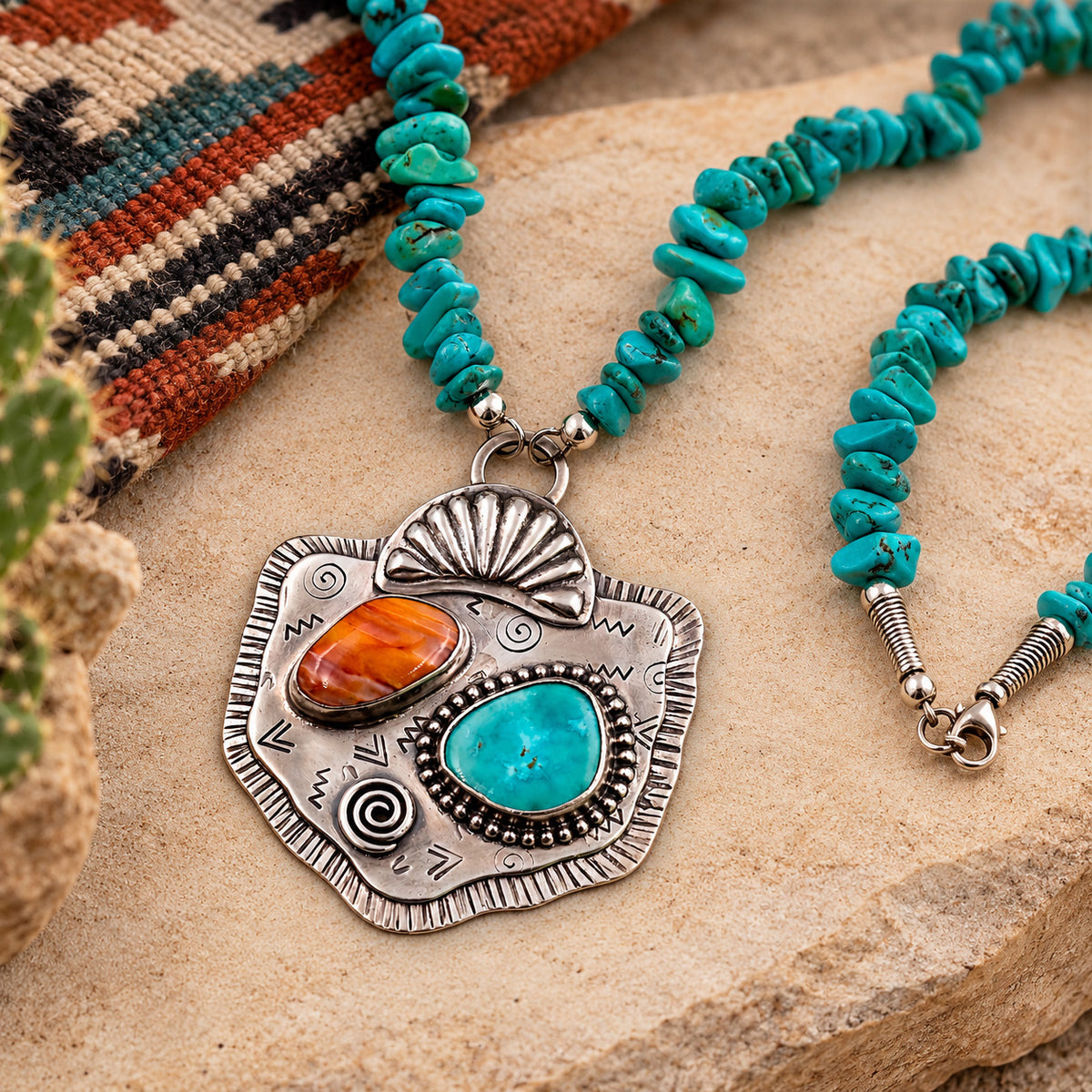 Turquoise beaded necklace with silver spiny oyster pendant and orange/turquoise stones