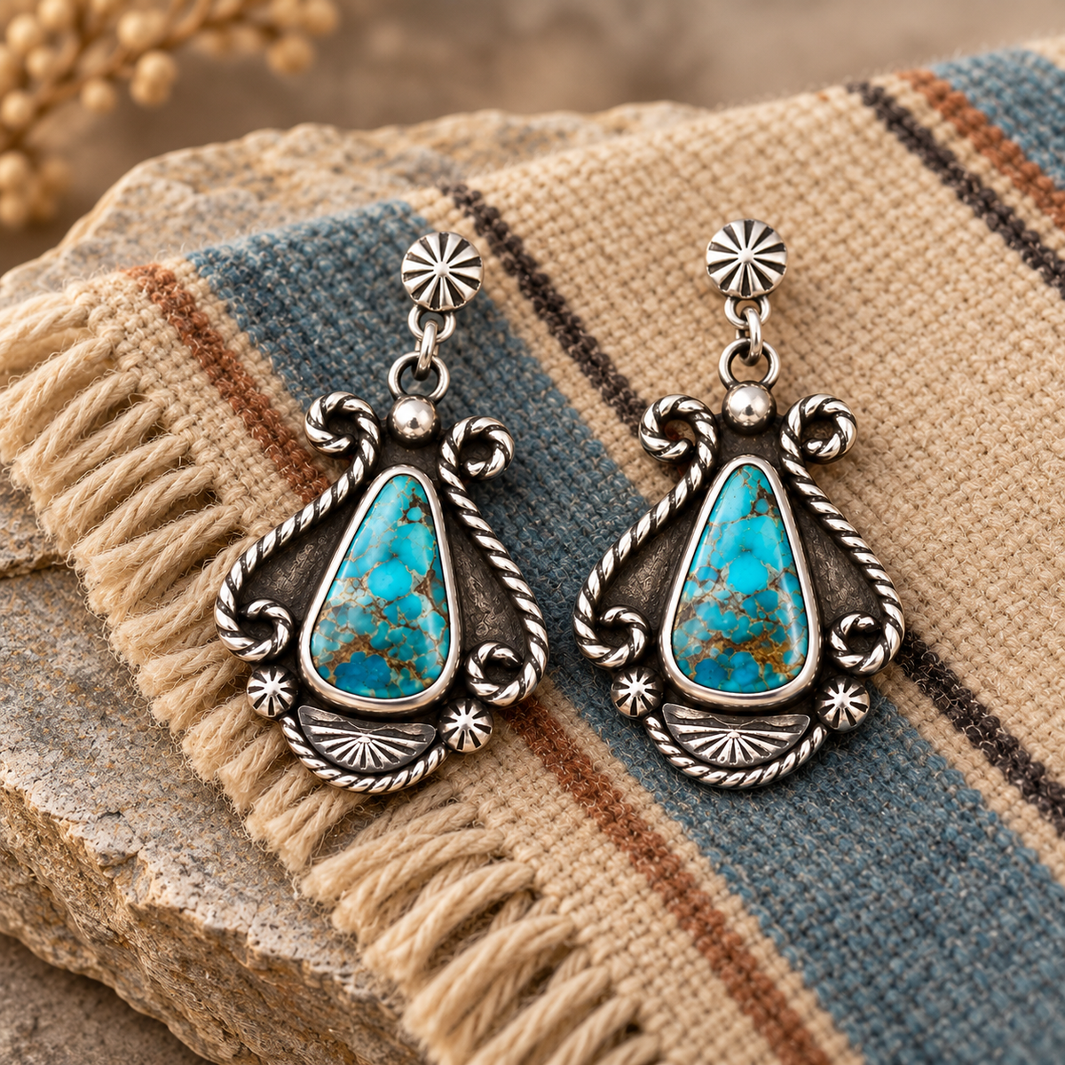 Turquoise sterling silver teardrop earrings with southwest floral and star accents