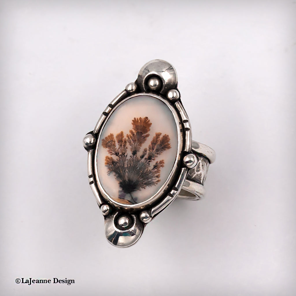 Ring of sterling silver and Dendritic Agate with fern-like tendrils in the stone.