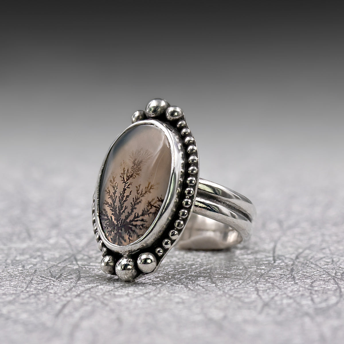 Size 7 sterling silver ring with oval agate cabochon, brown dendrite tree detail