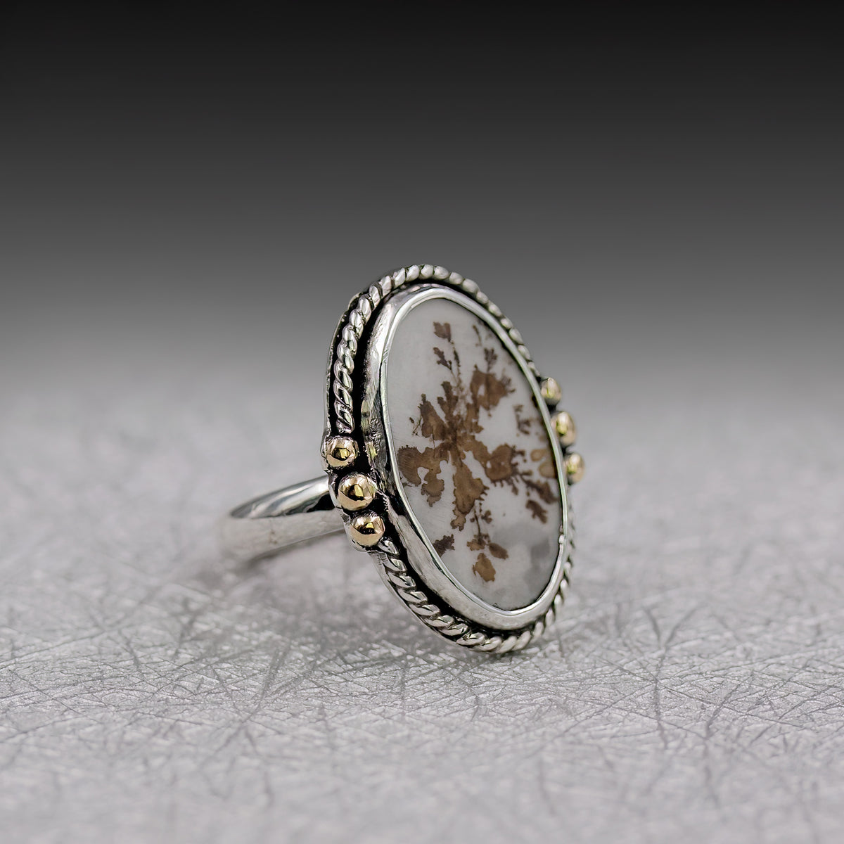 Oval dendritic agate sterling silver ring with rope edge and 18k gold accent beads