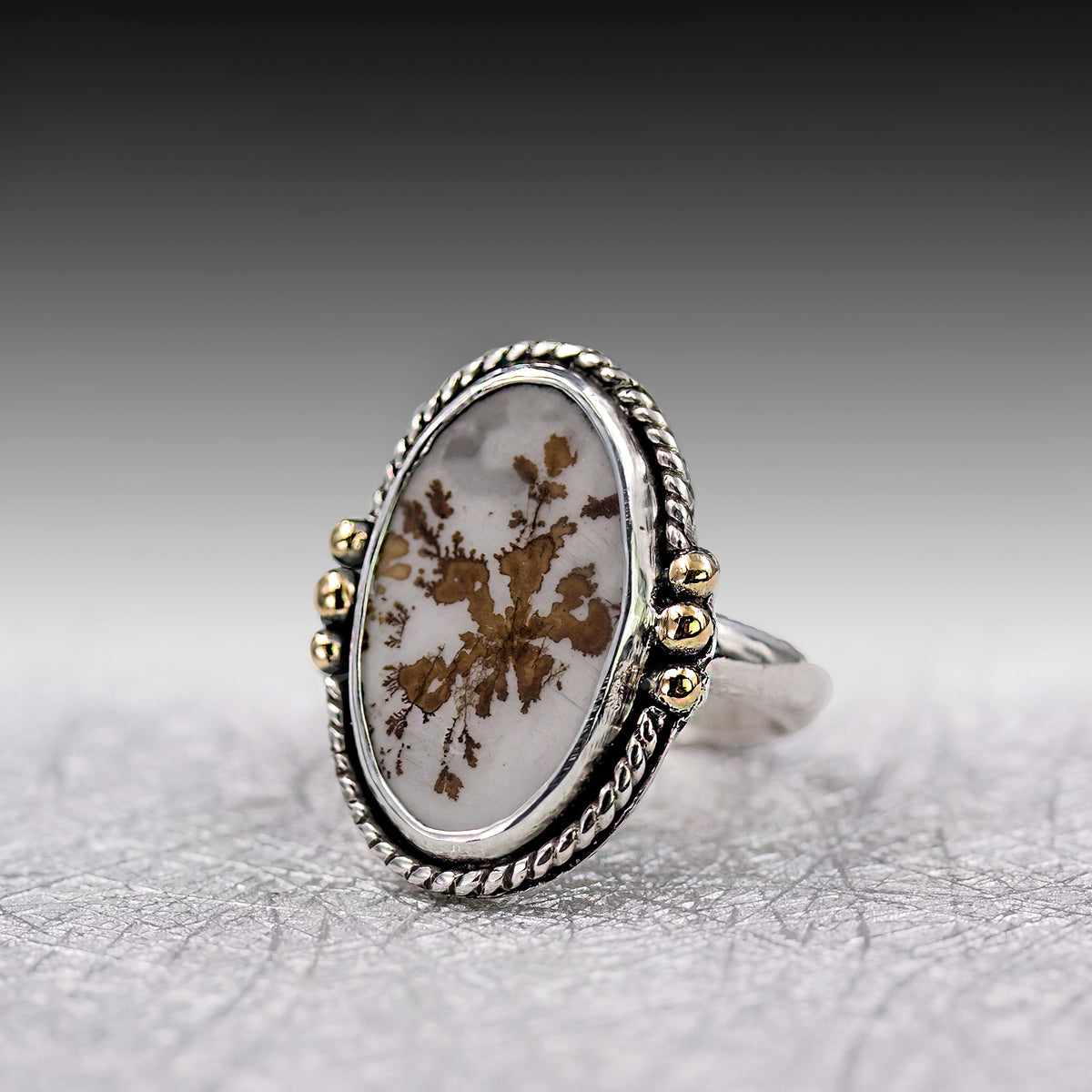 Oval dendritic agate ring, sterling silver with twisted rope bezel and gold bead details