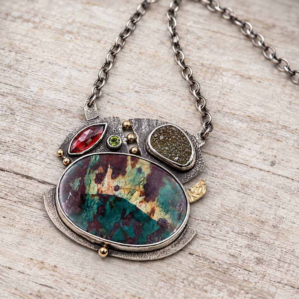 Sterling silver pendant necklace with oval druzy centerpiece and red, green accents