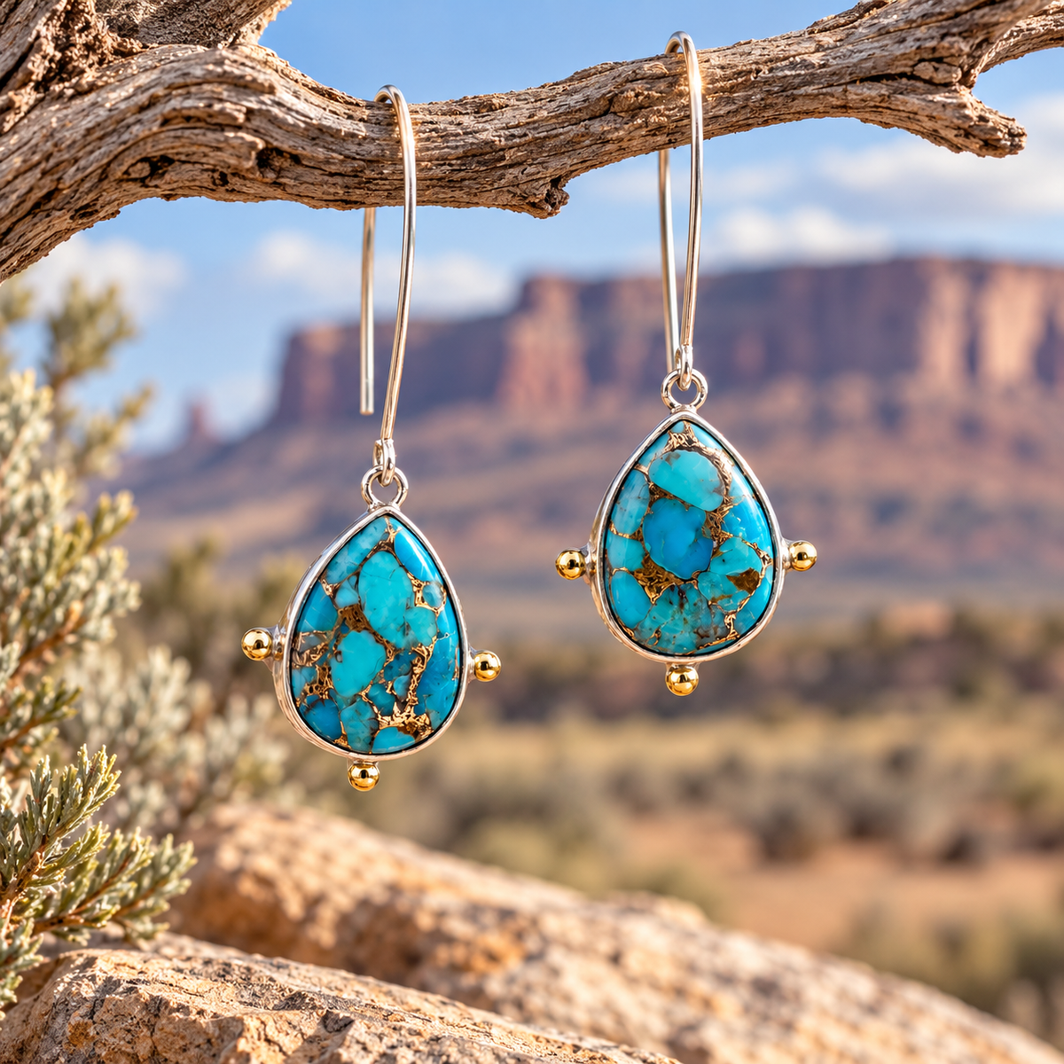 Turquoise teardrop earrings with gold-tone beaded accents and silver hooks