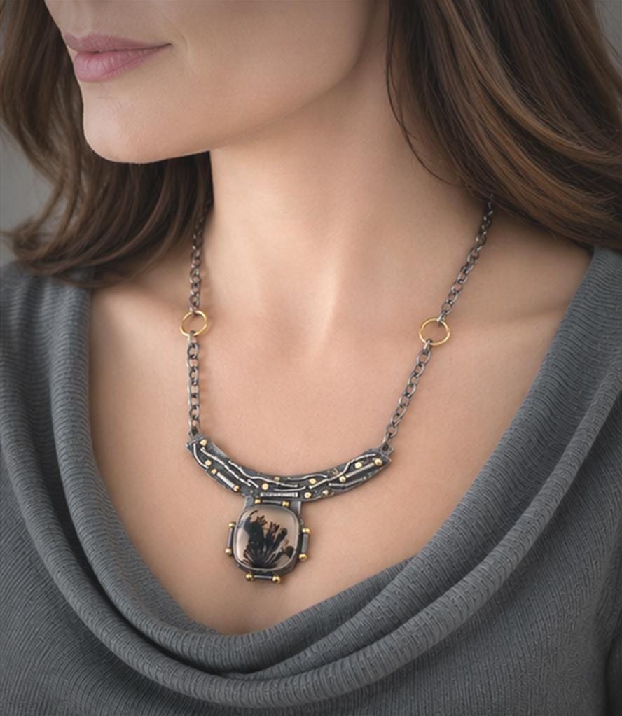 Dendritic Agate & 18K Gold Sterling Silver Necklace