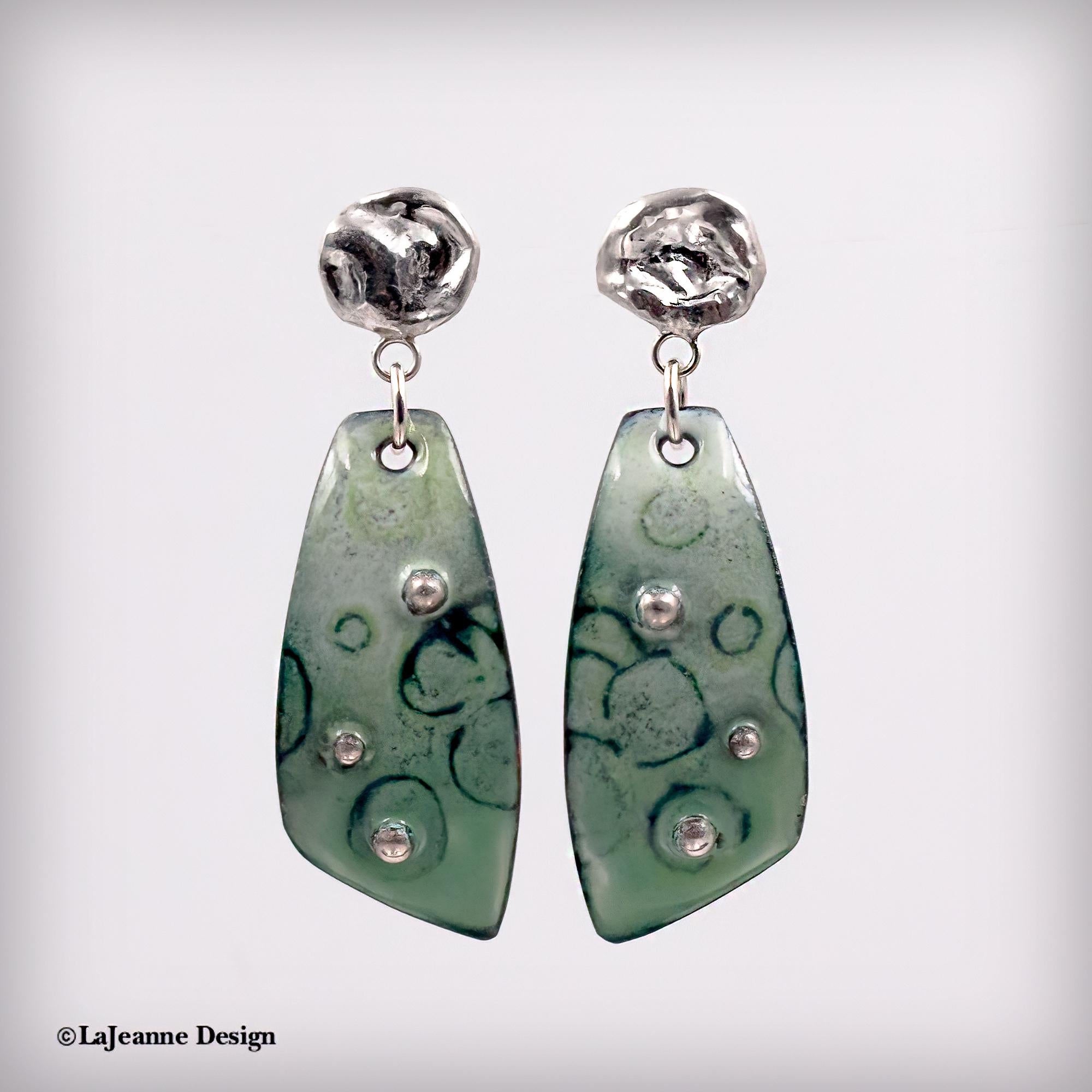 Green Enamel and Silver Earrings