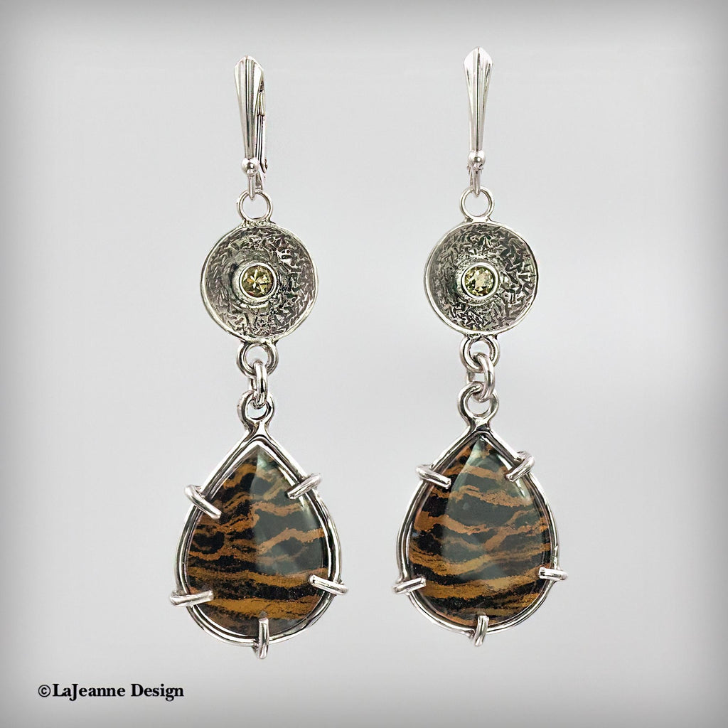 Zebra Petrified Wood & Citrine Sterling Silver Earrings