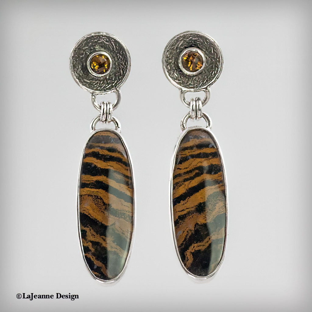 Zebra Petrified Wood & Fire Citrine Sterling Silver Earrings