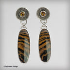 Zebra Petrified Wood & Fire Citrine Sterling Silver Earrings