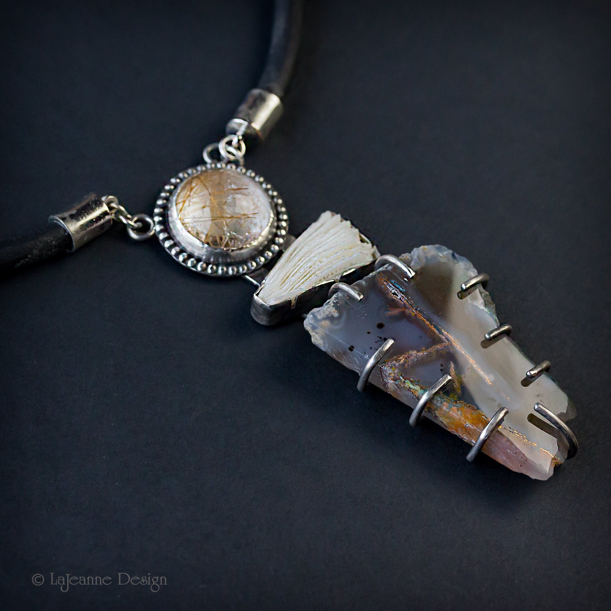 Chrysocolla in Chalcedony, Rutilated Quartz & Coral Necklace