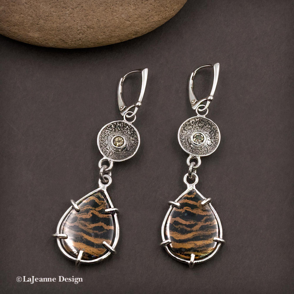 Zebra Petrified Wood & Citrine Sterling Silver Earrings