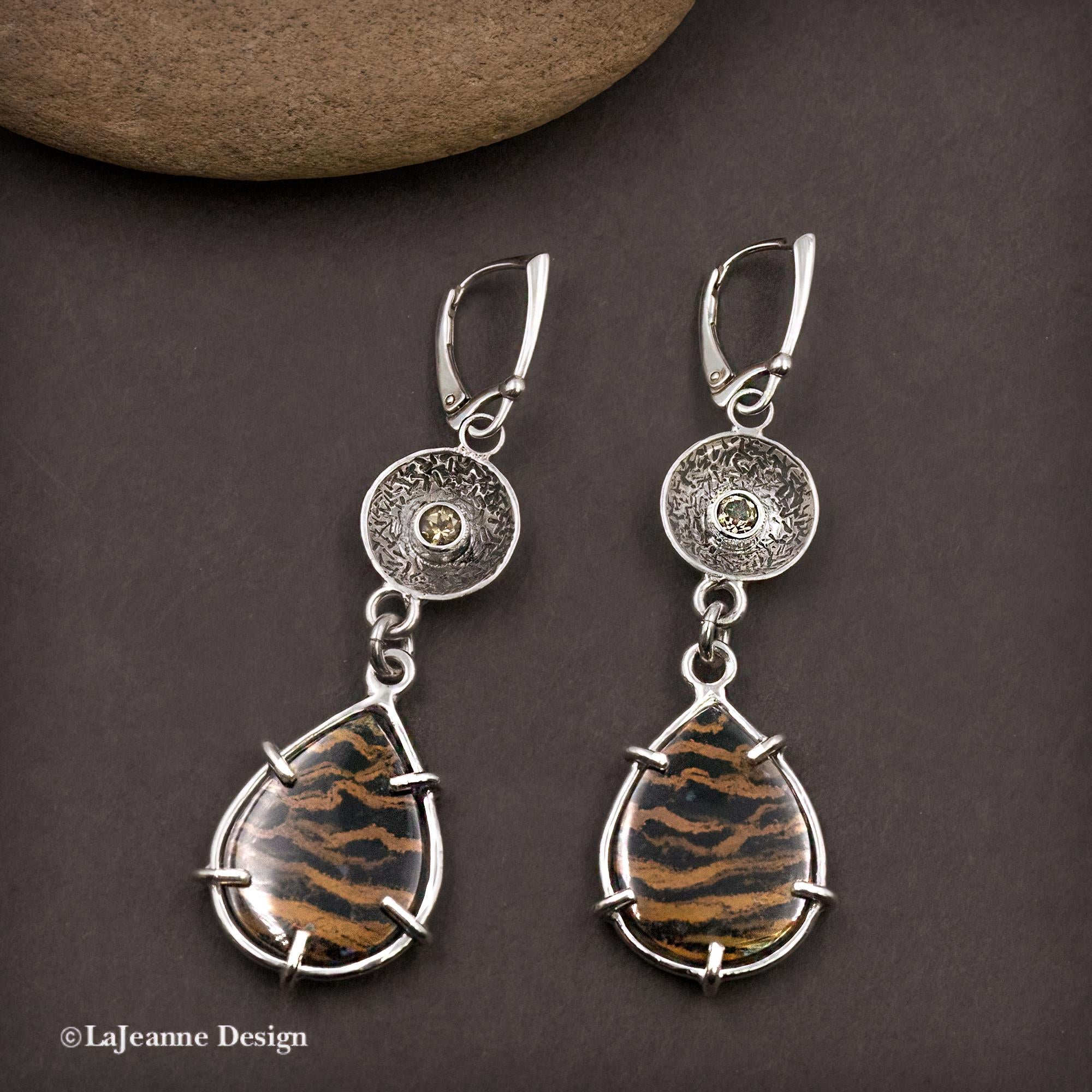 Zebra Petrified Wood & Citrine Sterling Silver Earrings