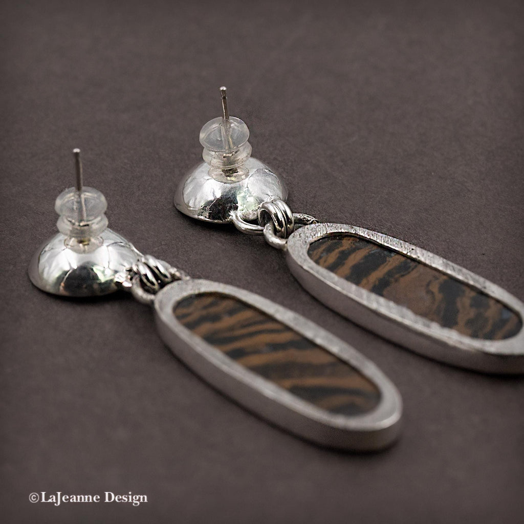 Zebra Petrified Wood & Fire Citrine Sterling Silver Earrings
