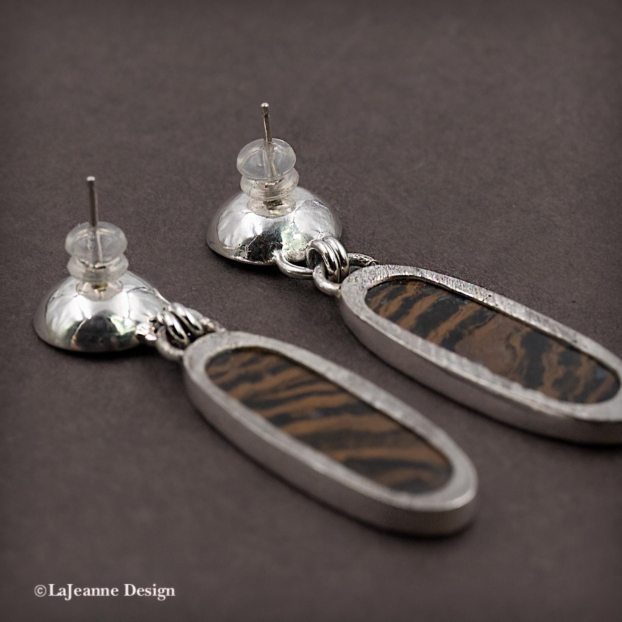 Zebra Petrified Wood & Fire Citrine Sterling Silver Earrings