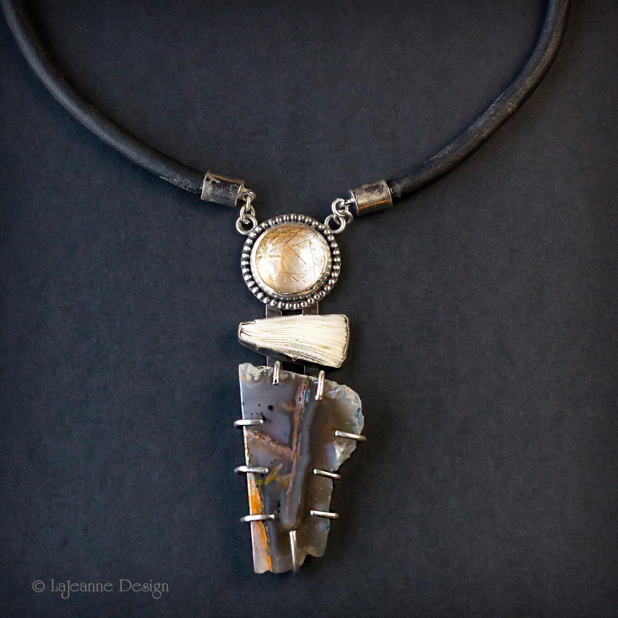 Chrysocolla in Chalcedony, Rutilated Quartz & Coral Necklace