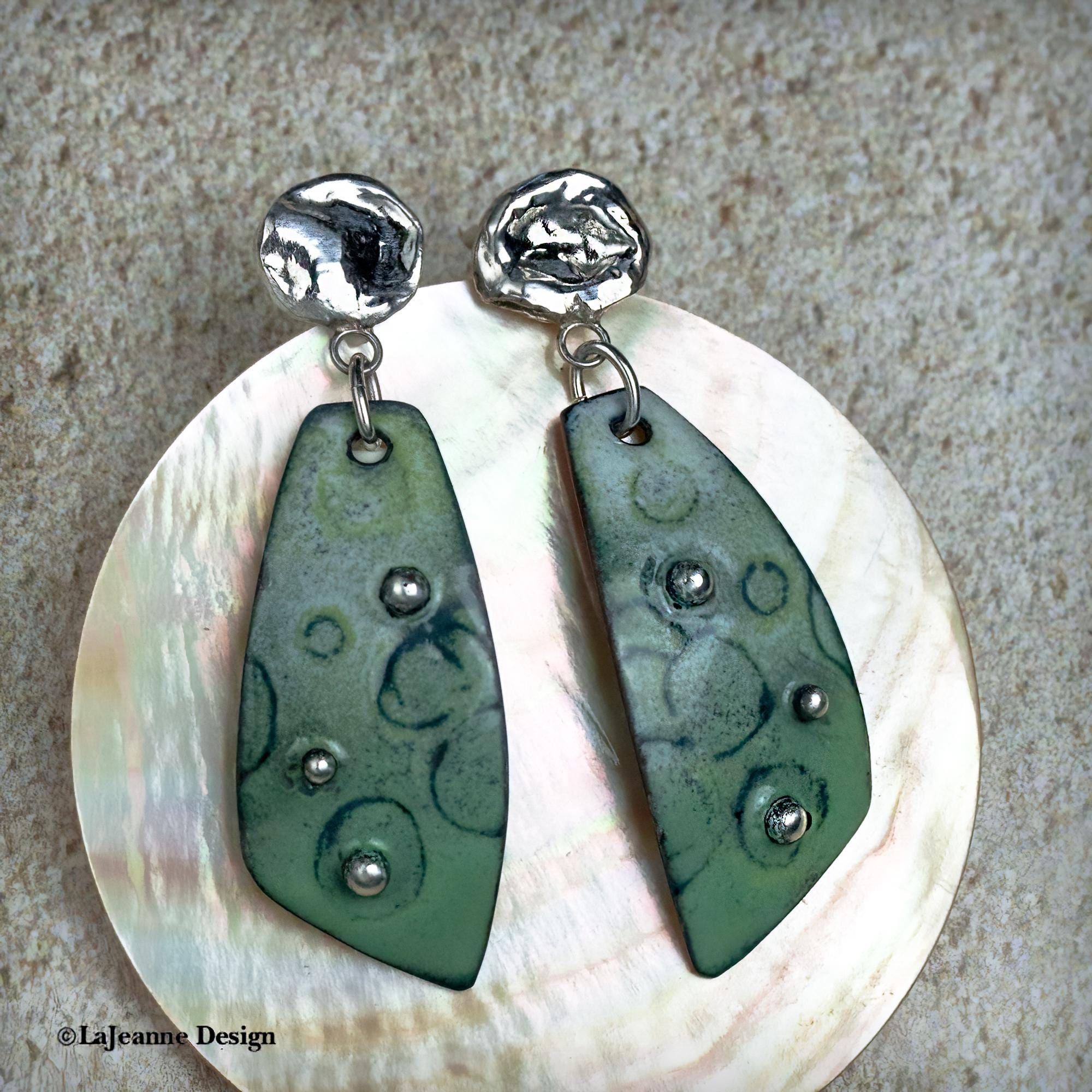 Green Enamel and Silver Earrings