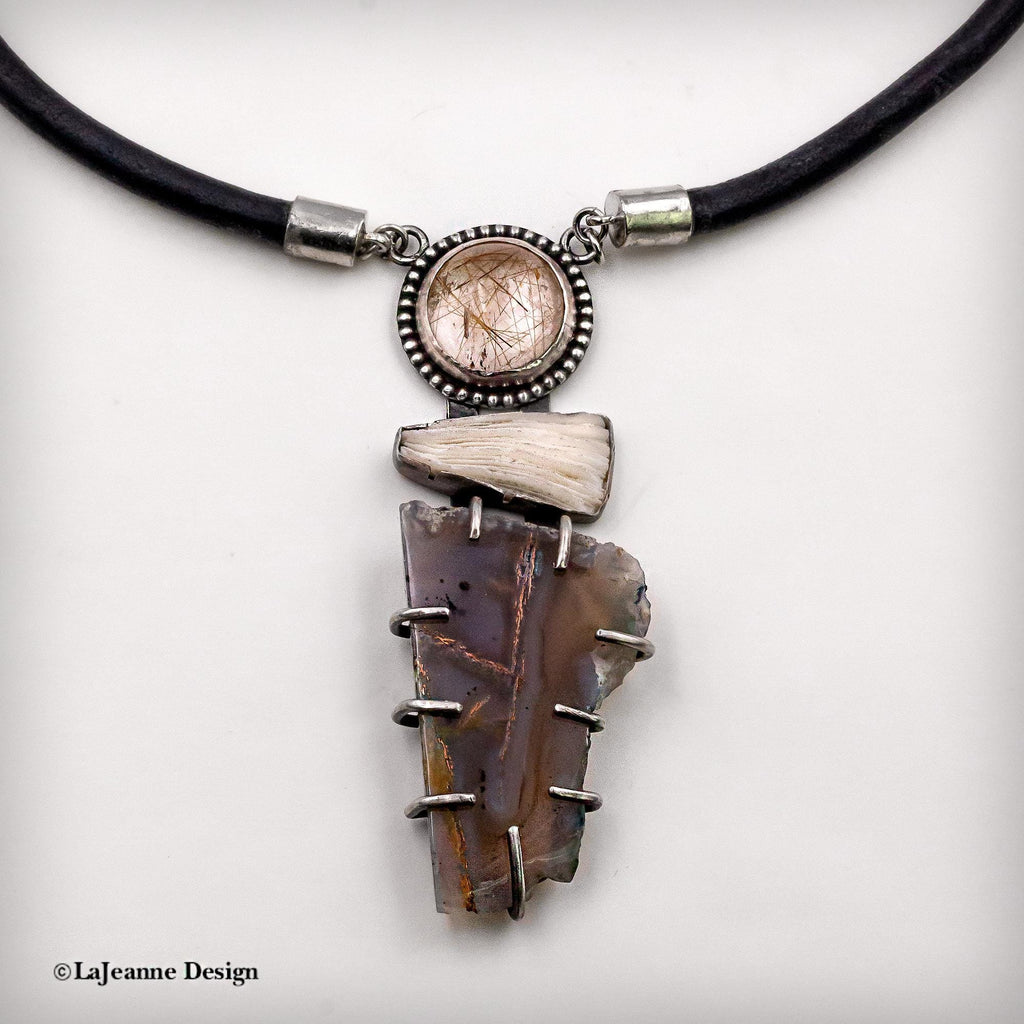 Chrysocolla in Chalcedony, Rutilated Quartz & Coral Necklace