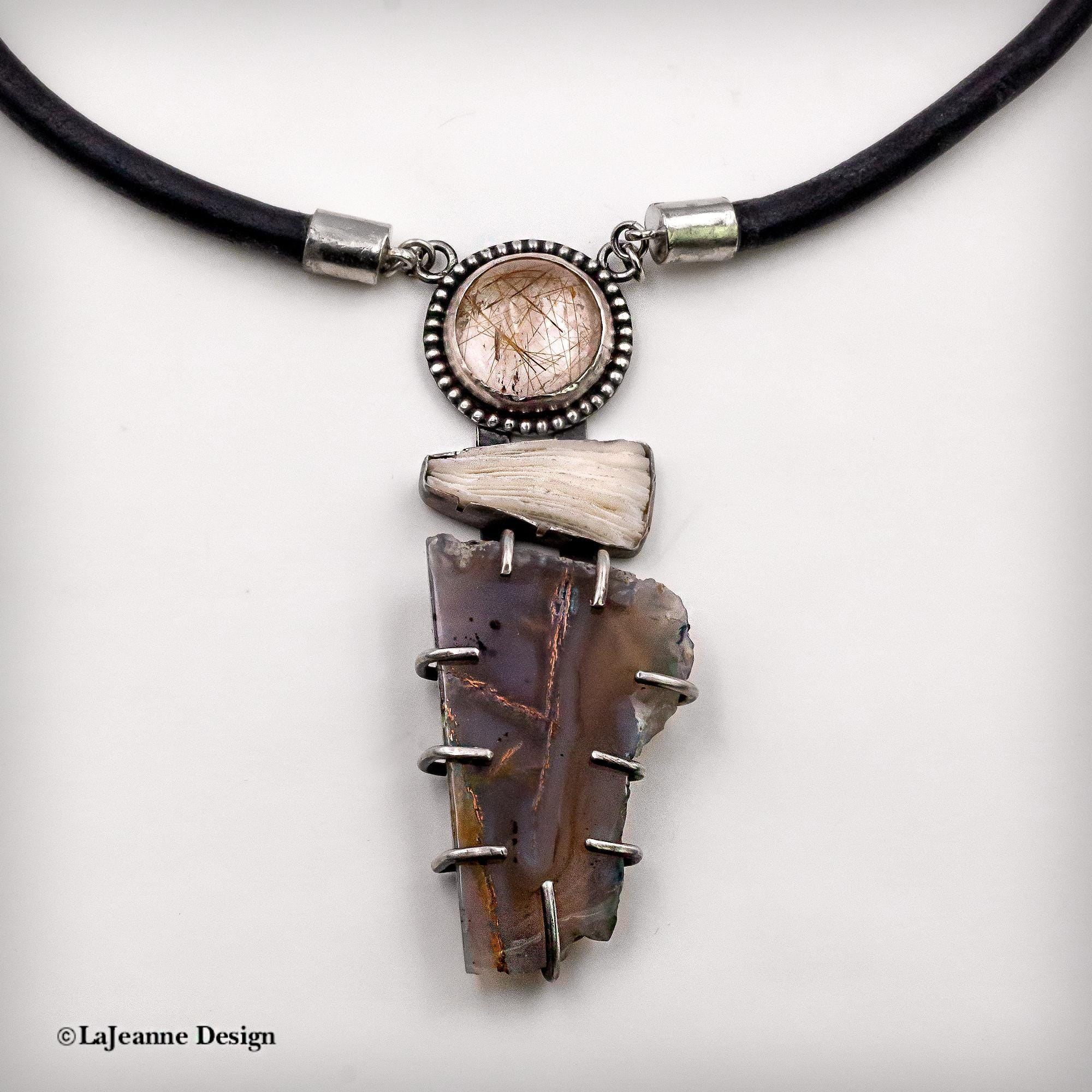 Chrysocolla in Chalcedony, Rutilated Quartz & Coral Necklace