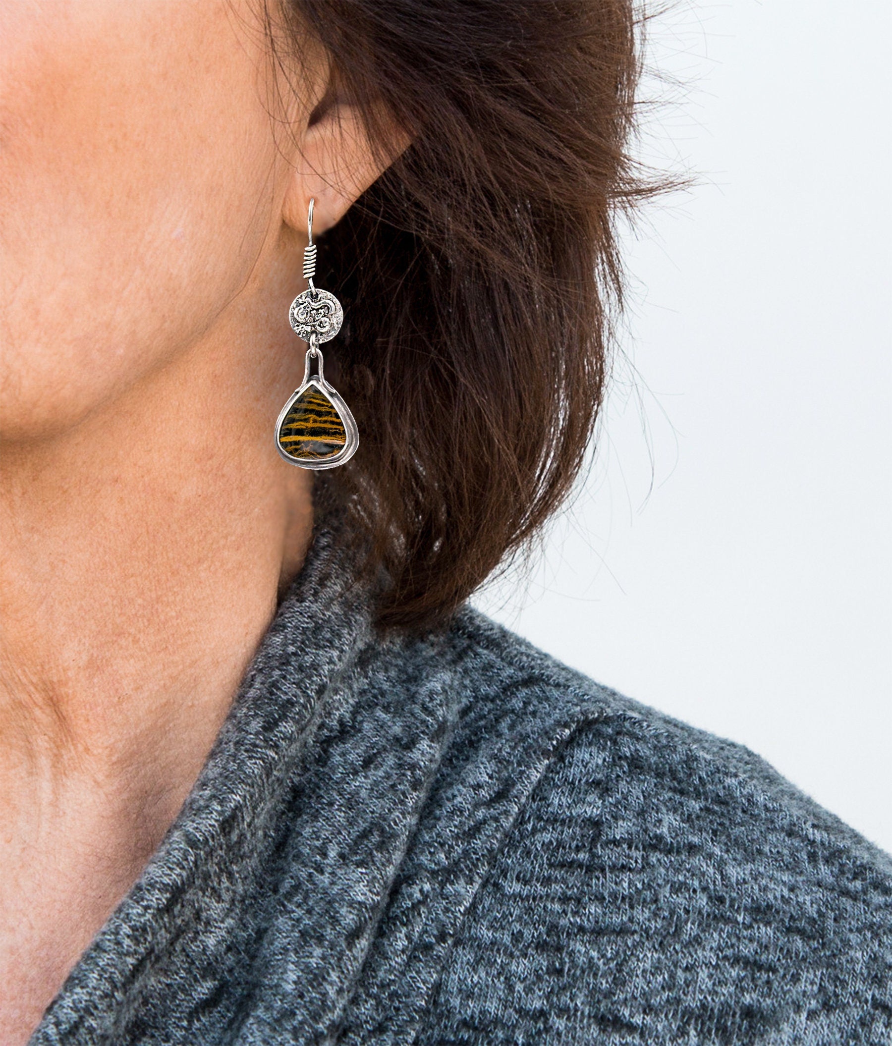 Zebra Petrified Wood Sterling Silver Earrings