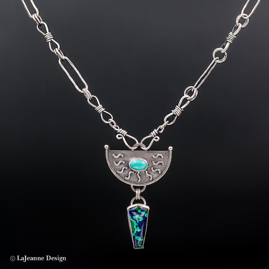 Azurite-Malachite & Turquoise Sterling Silver Necklace