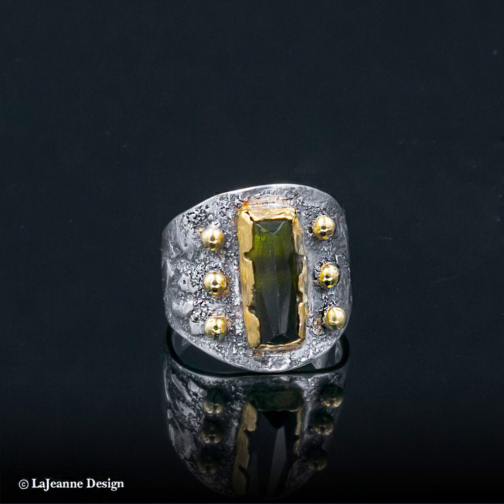 Size 6.25 - Green Tourmaline, 22K Gold Sterling Silver Ring