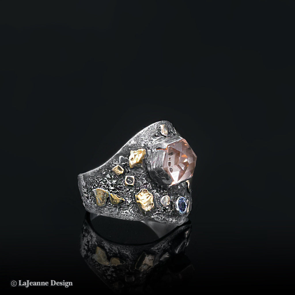 Size 7.25 - Peach Tourmaline, Tanzanite, 18K Gold &amp; Sterling Silver Ring