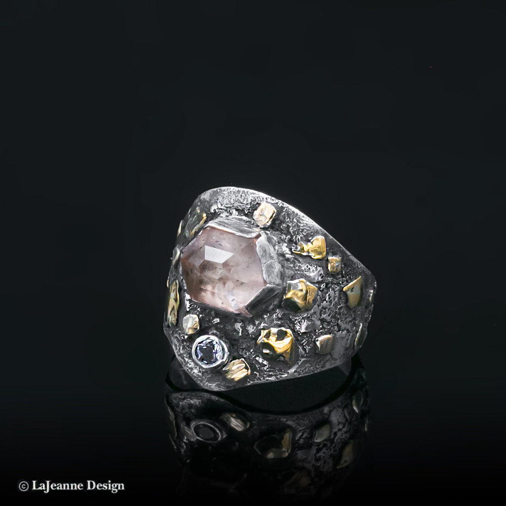 Size 7.25 - Peach Tourmaline, Tanzanite, 18K Gold &amp; Sterling Silver Ring