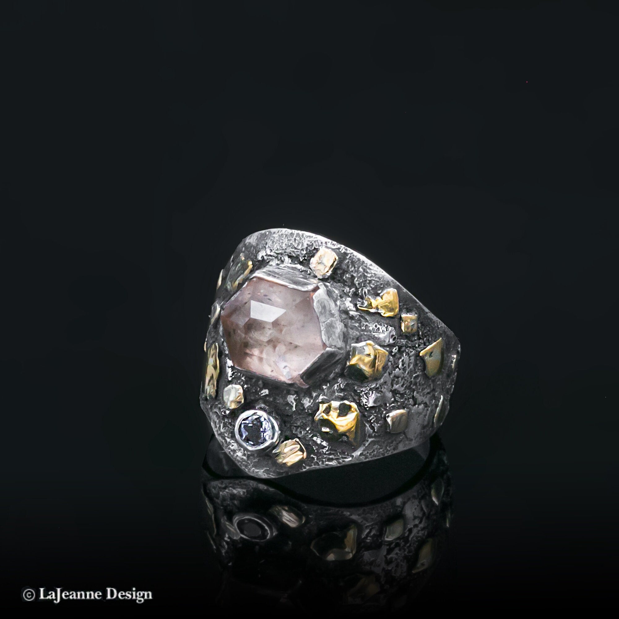 Size 7.25 - Peach Tourmaline, Tanzanite, 18K Gold &amp; Sterling Silver Ring