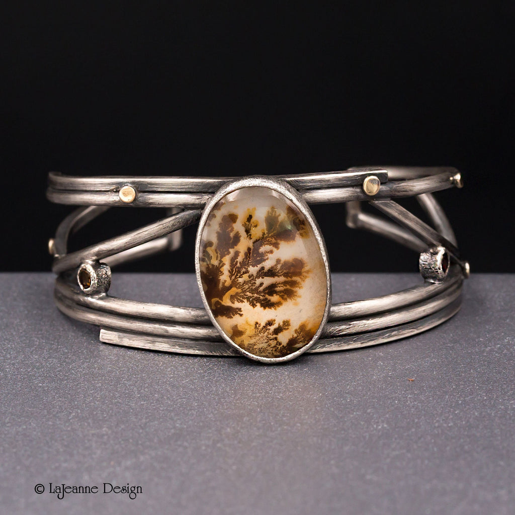 Dendritic Agate Sterling Silver Cuff Bracelet with 18K Gold,  Size Medium-Large