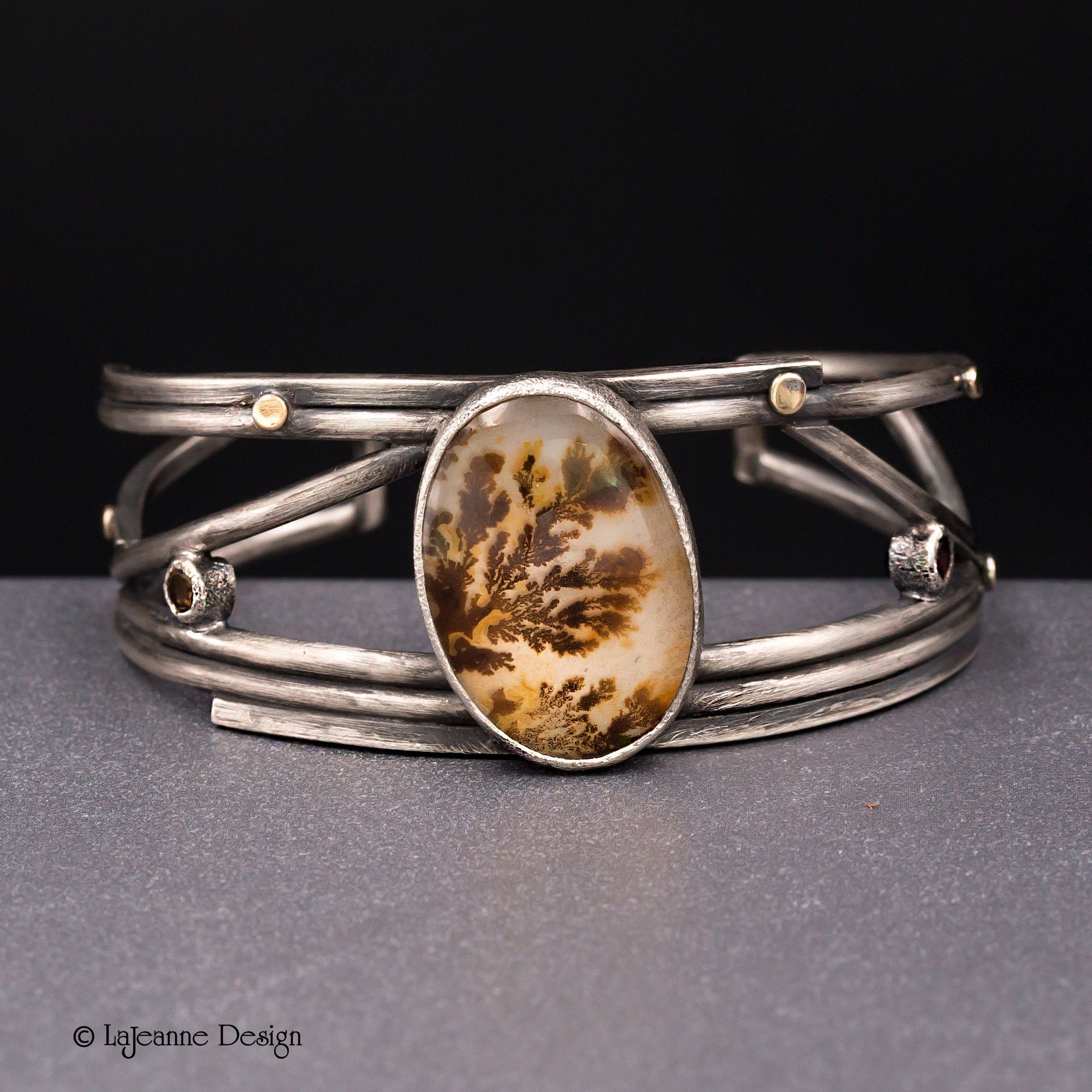 Dendritic Agate Sterling Silver Cuff Bracelet with 18K Gold,  Size Medium-Large