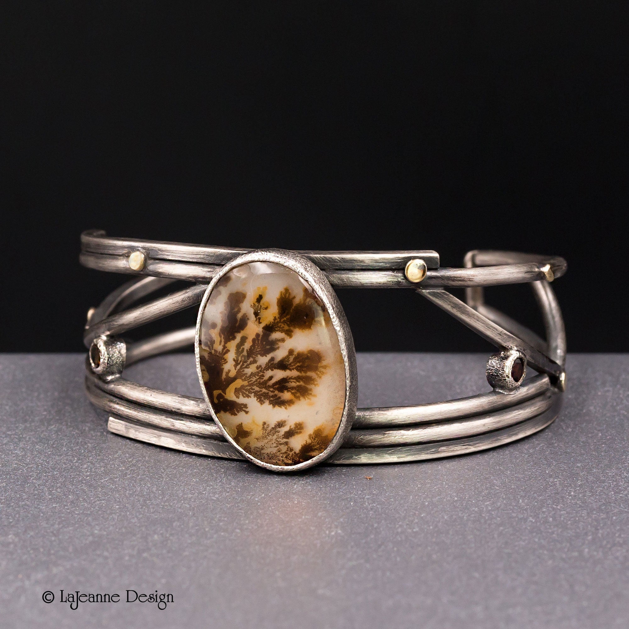 Dendritic Agate Sterling Silver Cuff Bracelet with 18K Gold,  Size Medium-Large
