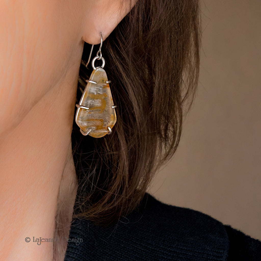Yellow Moss Opalized Wood Sterling Silver Earrings