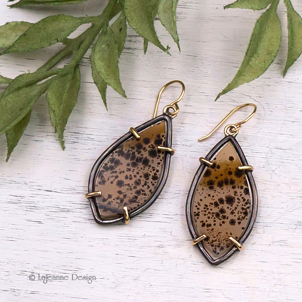 Narmada River Agate, 18K Gold Sterling Silver Earrings