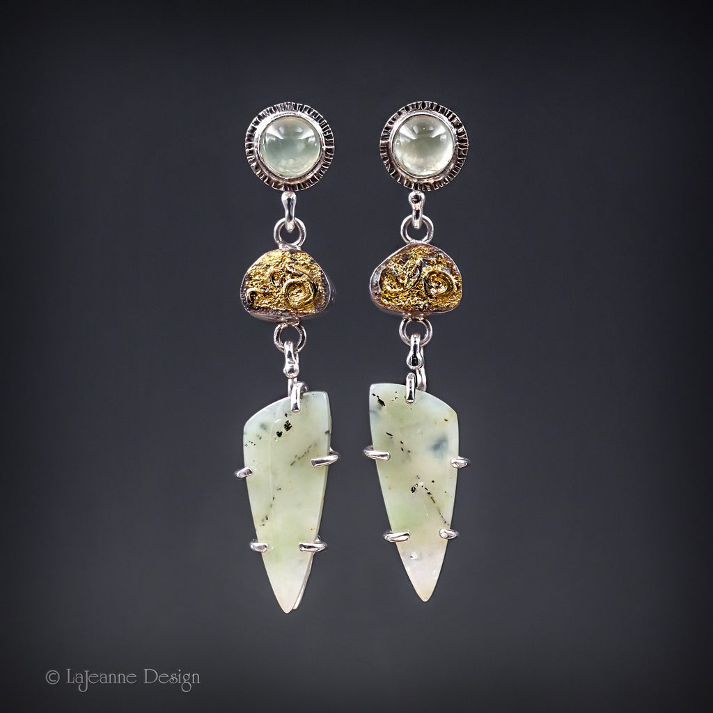 Opalized Petrified Wood, Chrysoprase & 24K Gold Sterling Silver Earrings