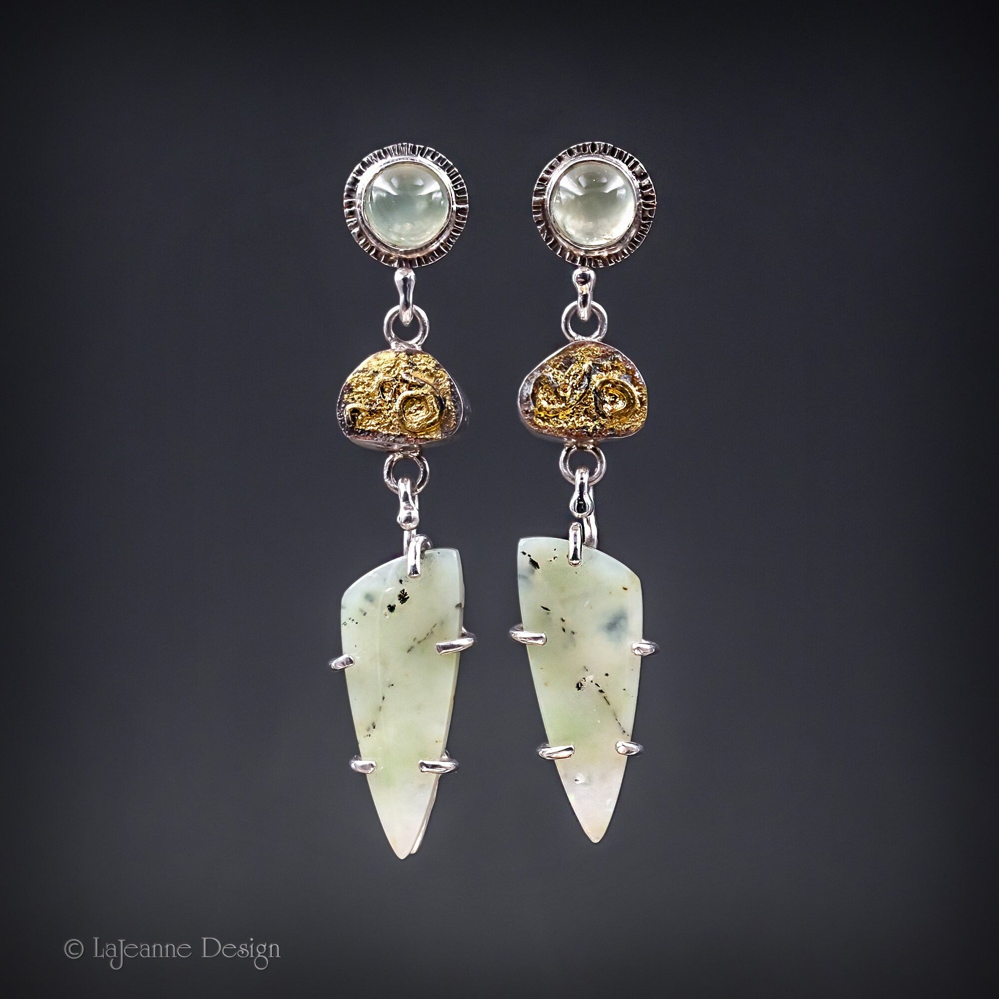 Opalized Petrified Wood, Chrysoprase & 24K Gold Sterling Silver Earrings