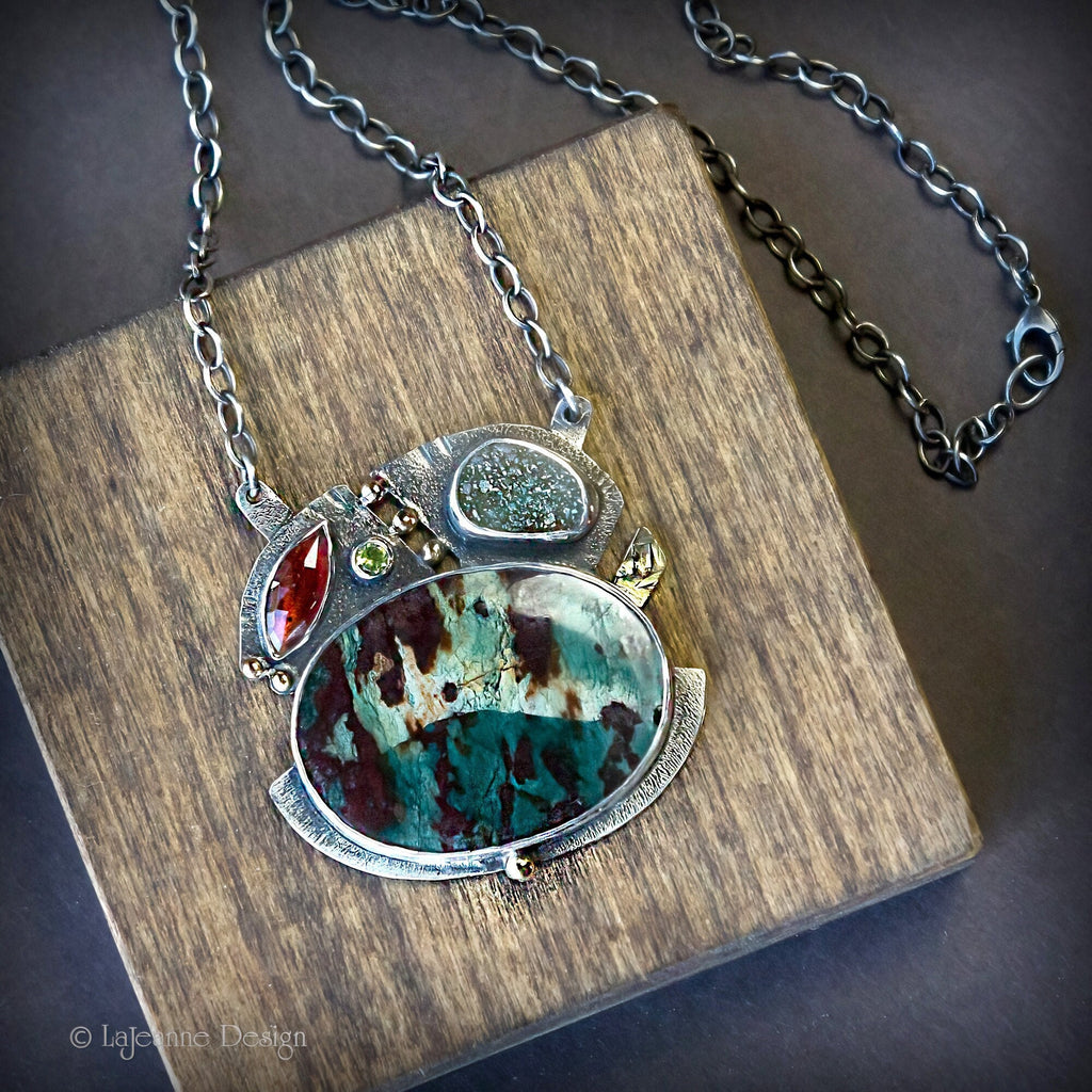 Jasper Garnet, 18k Gold, Druzy Necklace in Sterling Silver