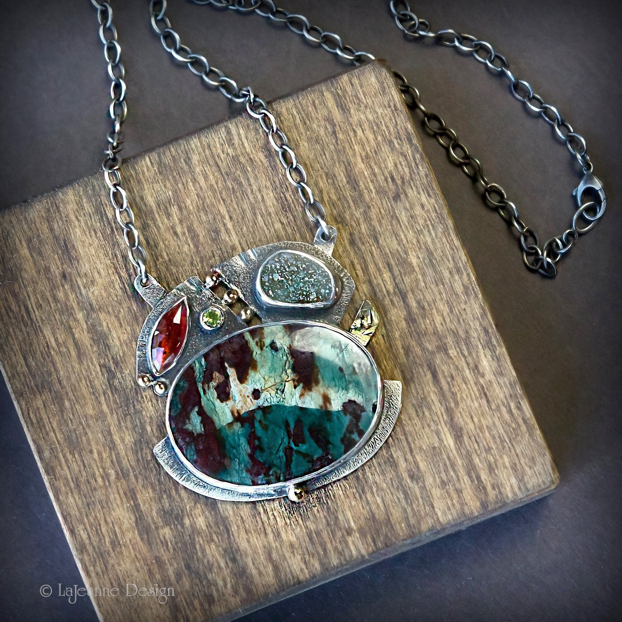 Jasper Garnet, 18k Gold, Druzy Necklace in Sterling Silver