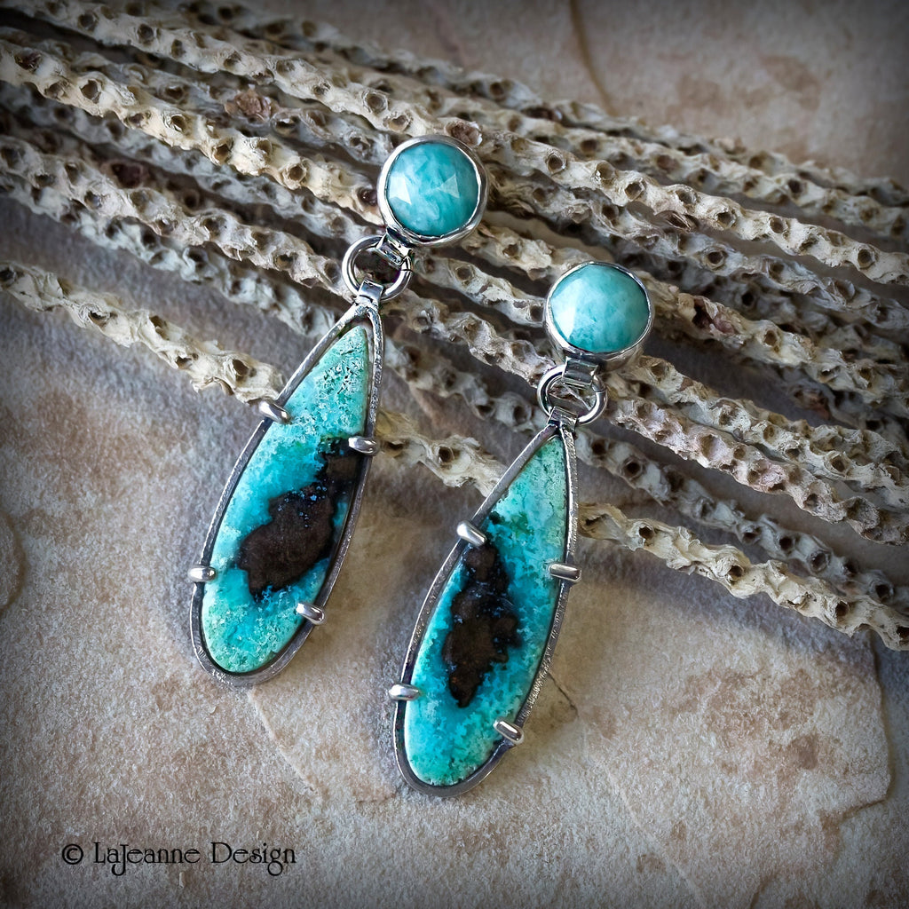 Blue Opalized Wood & Amazonite Sterling Silver Earrings