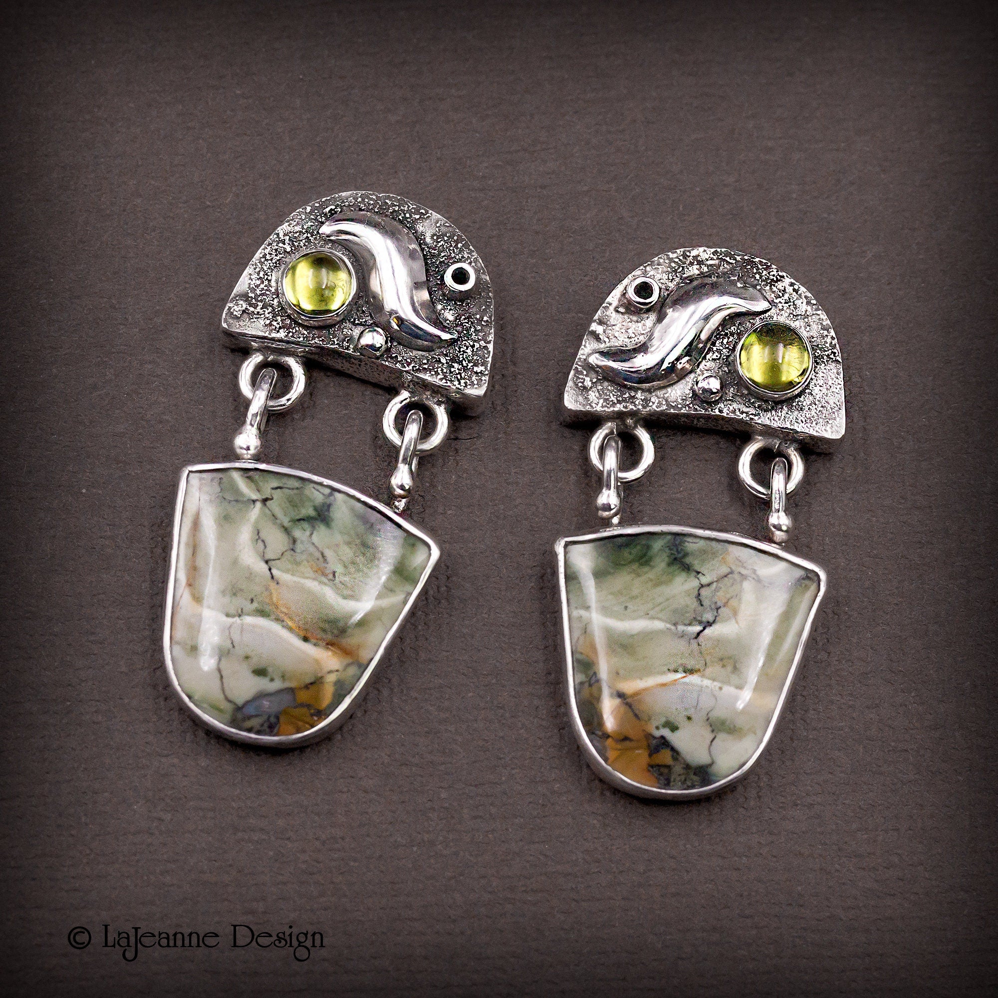 Green Opalized Wood & Prehnite Sterling Silver Earrings