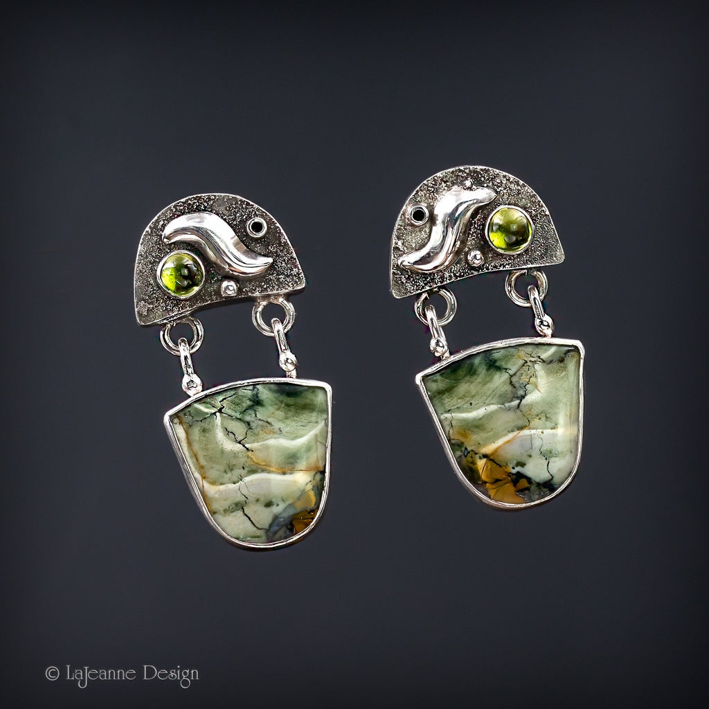 Green Opalized Wood & Prehnite Sterling Silver Earrings