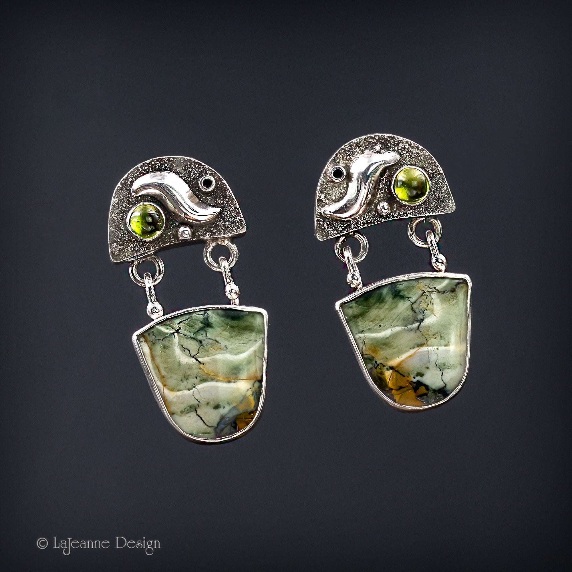 Green Opalized Wood & Prehnite Sterling Silver Earrings
