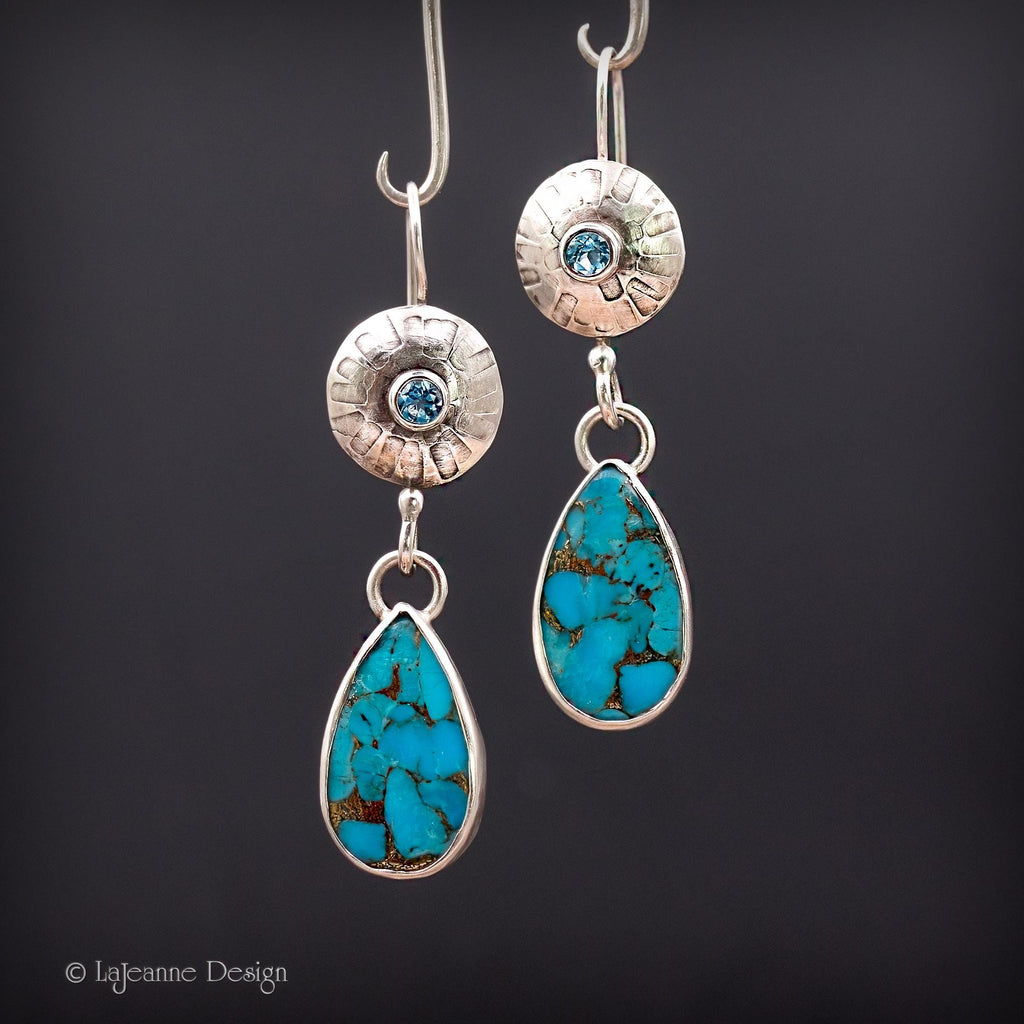 Spiny Copper Turquoise &amp; Sky Blue Topaz Sterling Silver Earrings