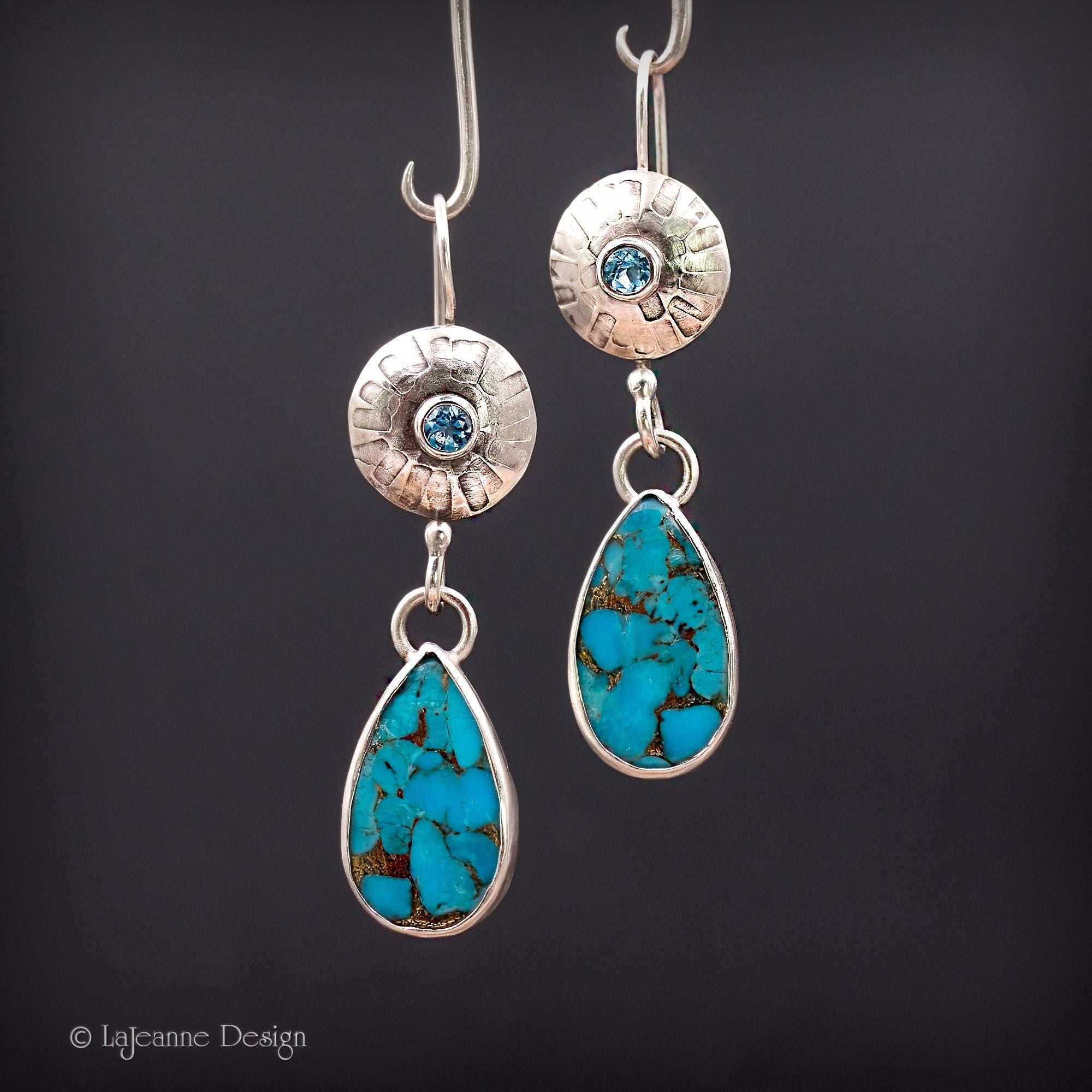 Spiny Copper Turquoise &amp; Sky Blue Topaz Sterling Silver Earrings